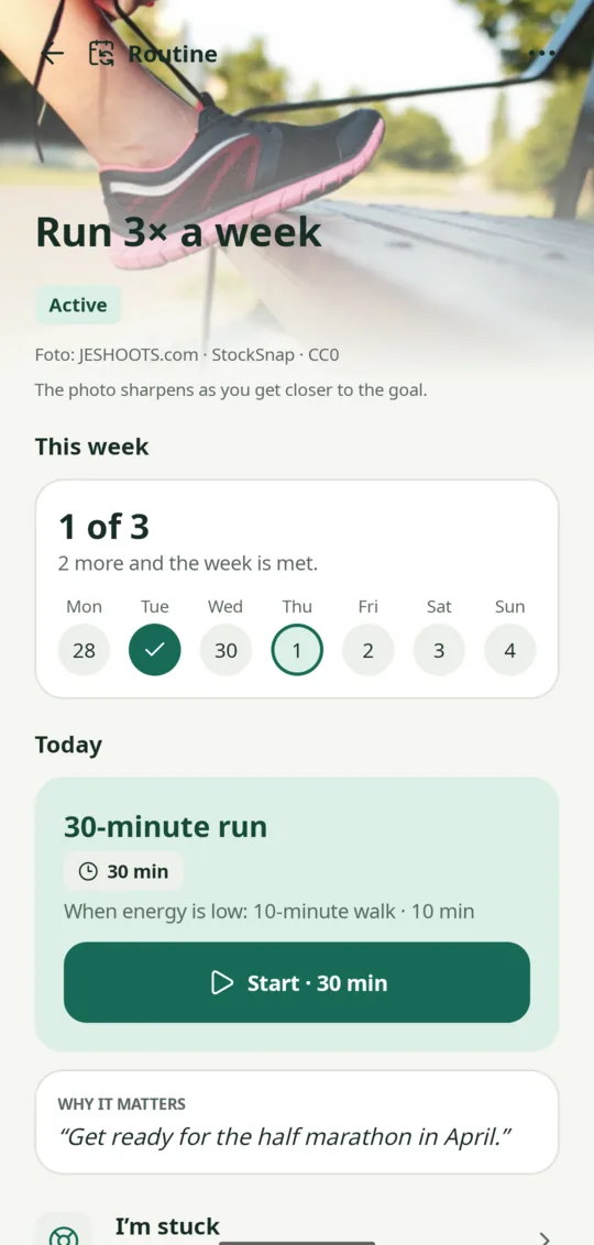 Run 3× a week routine detail: week strip of completed days, today's session and the minimum
